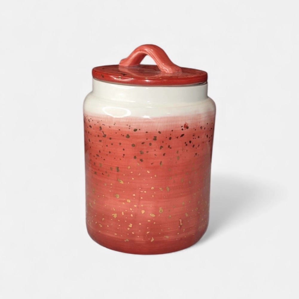 Terramotto Ceramic Lid Canister Red/White with Gold Flecks. 7.5x5
